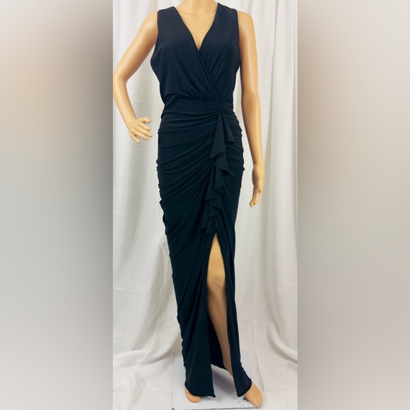 Betsy & Adam Black Formal Full Length V-Neck Ruched Lower Mid Slit Dres… - Picture 5 of 16